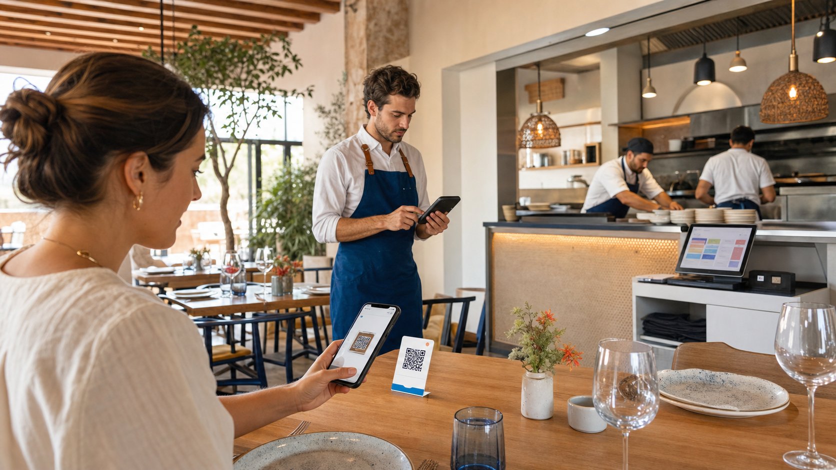 Cliente, camarero, cocina y TPV trabajando dentro del mismo restaurante conectado