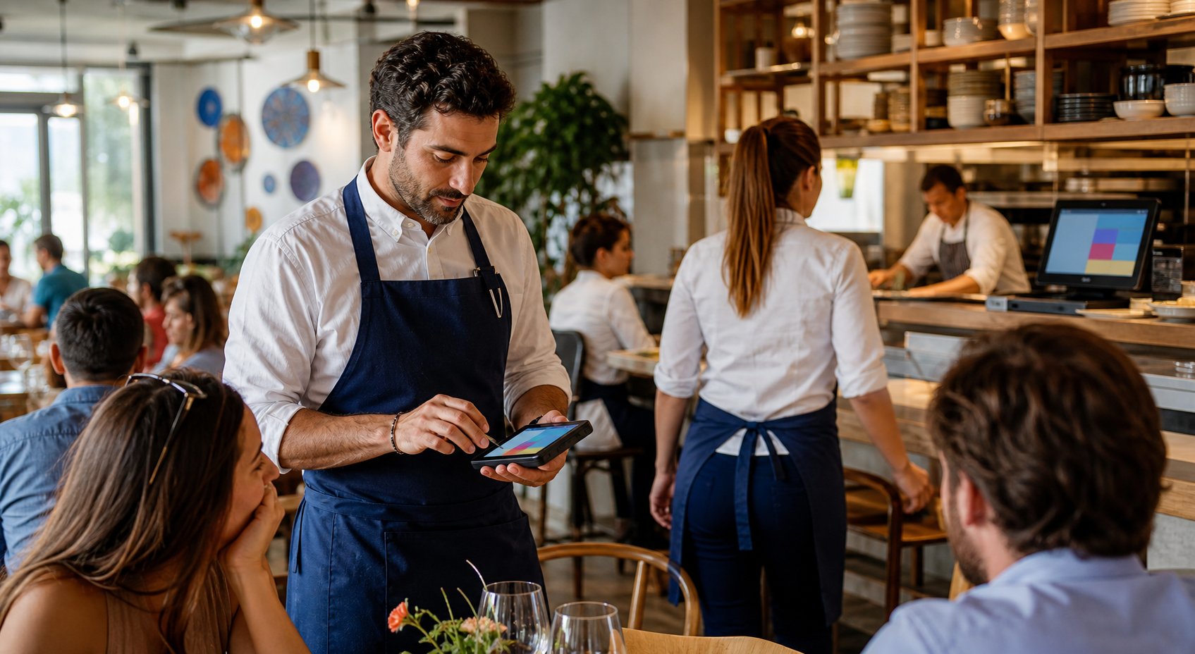 Camarero tomando una comanda digital durante el servicio de un restaurante